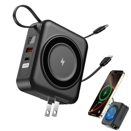 10,000mAh Magnetic Wireless Portable Charger with Built-in Cables and AC Plug: $29.98