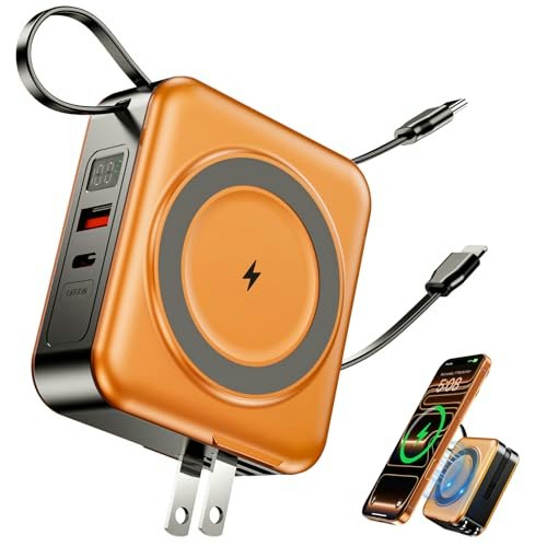 10,000mAh Magnetic Portable Charger with Built-in Cables and AC Wall Plug: $30.59