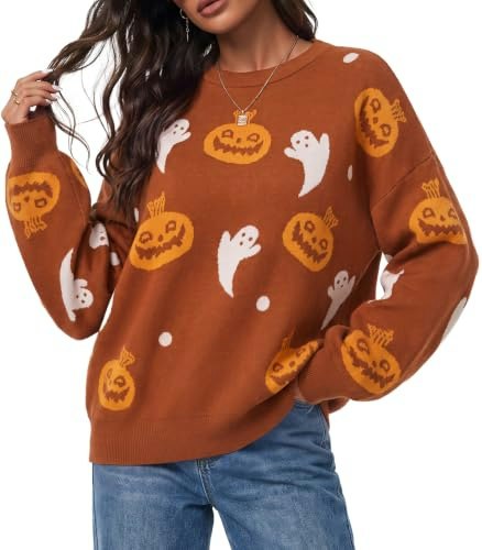 Arach&Cloz Women's Pumpkin Ghost Wool Blend Halloween Sweater: $28.04