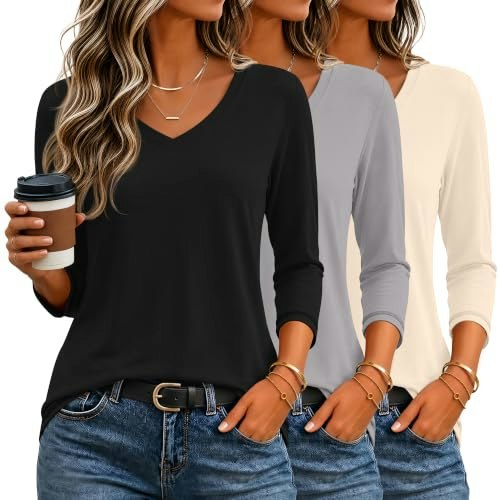 Ficerd Women's 3/4 Sleeve V-Neck Top 3-Pack: $14.99 Ficerd Women's 3/4 Sleeve V-Neck Top 3-Pack: $14.99