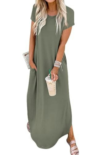 Women's Short Sleeve Casual Split Maxi Dress with Pockets: $14.24