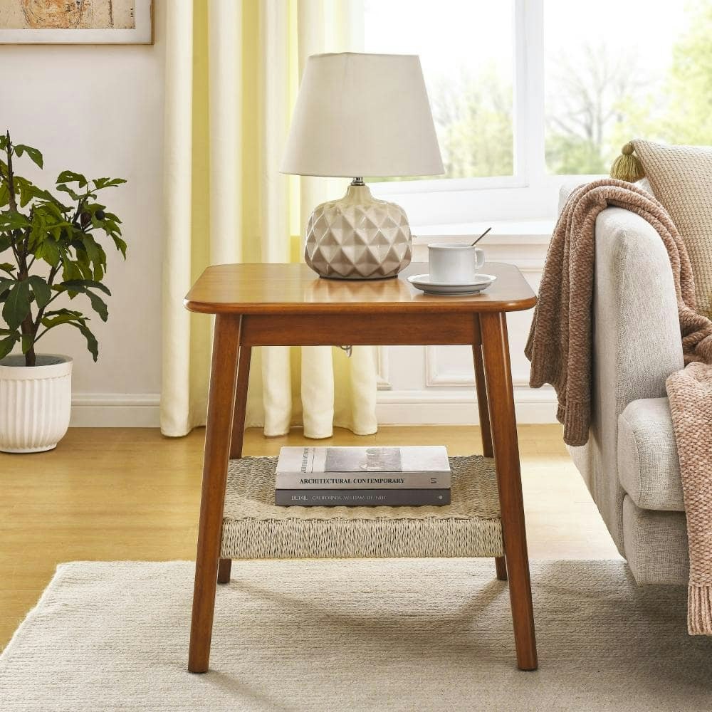 23-Inch Mid-Century Side Table with Woven Shelf: $199.91
