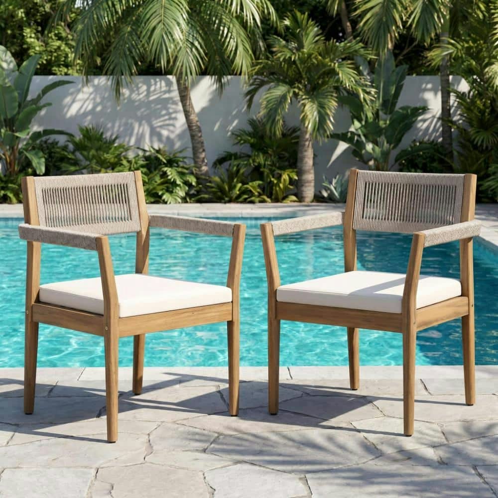 Wood Patio Dining Chair with Beige Rope and Cream Cushions 2-Pack: $308.92