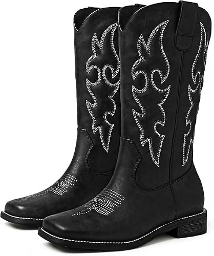 Women's Square Toe Mid Calf Western Cowboy Boots: $47.98