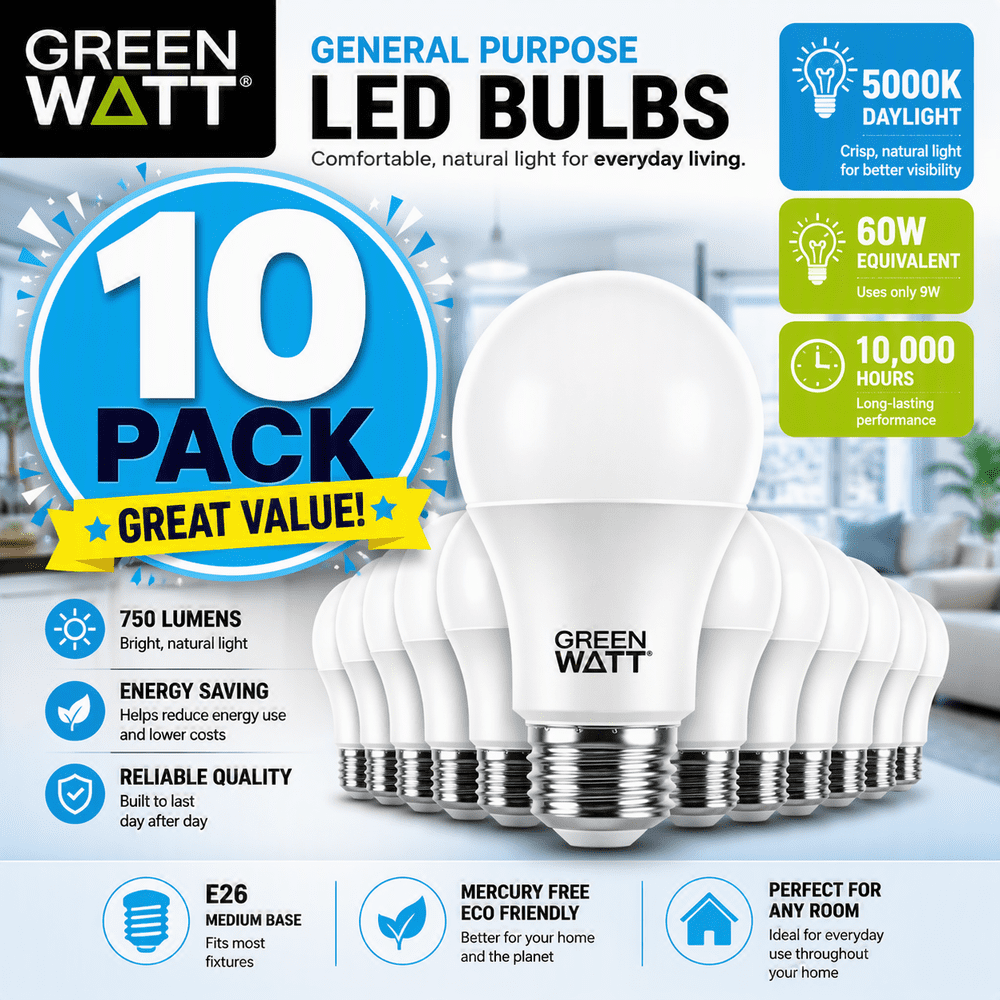 Green Watt A19 60W Equivalent LED Light Bulbs 10-Pack: $12.08 Green Watt A19 60W Equivalent LED Light Bulbs 10-Pack: $12.08