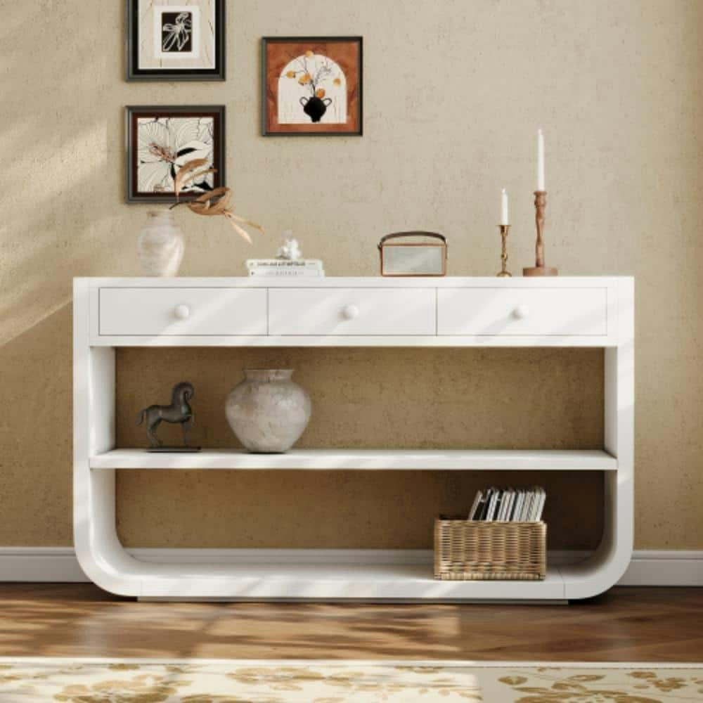White Curved Console Table with 3 Drawers and 2 Shelves: $504.26 White Curved Console Table with 3 Drawers and 2 Shelves: $504.26