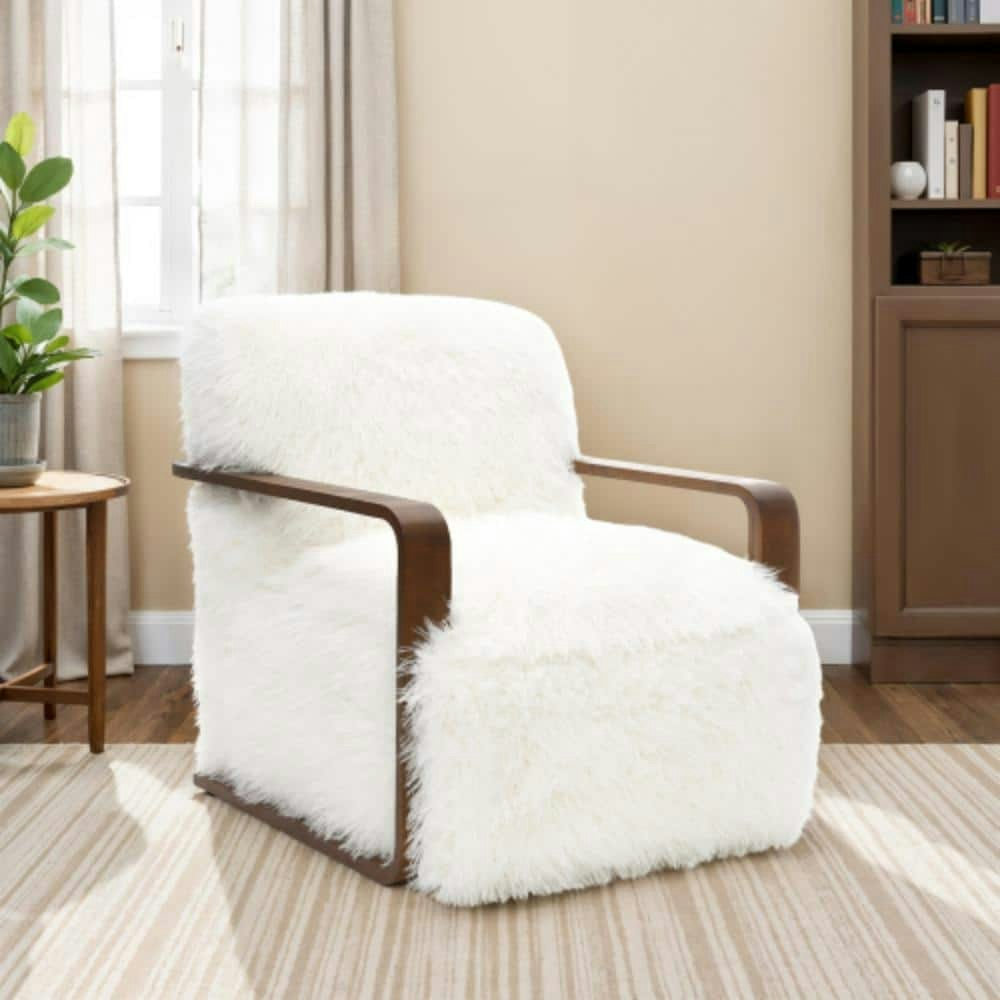 White Faux Fur Accent Chair with Wood Arms: $935.75 White Faux Fur Accent Chair with Wood Arms: $935.75