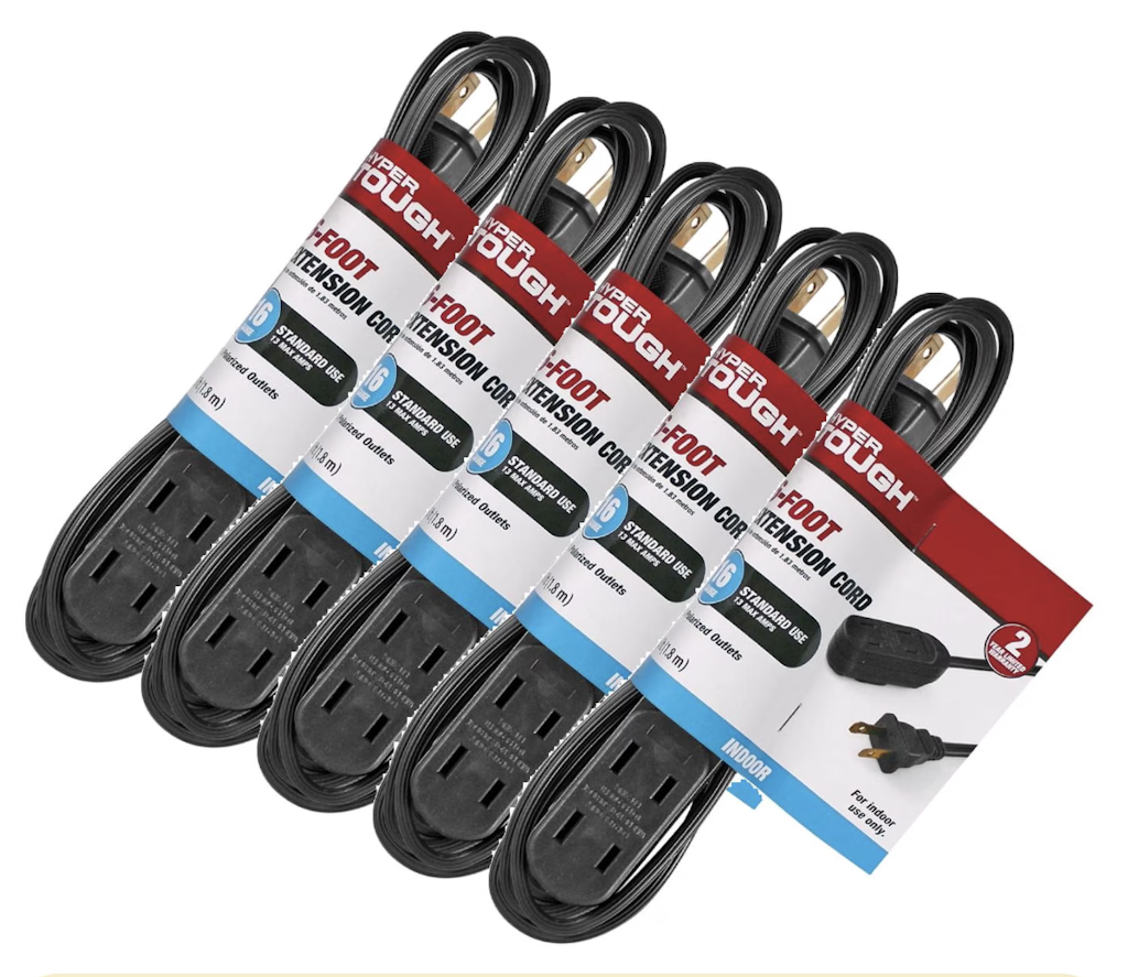 Hyper Tough 6-Foot Indoor Extension Cord 5-Pack: $8.97