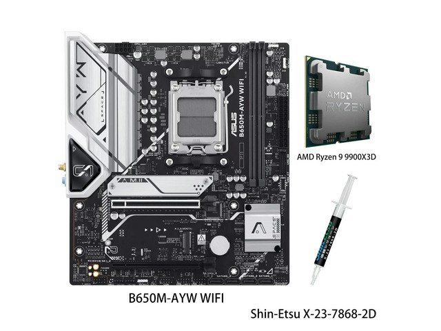 B650M-AYW WiFi Motherboard and AMD Ryzen 9 9900X3D Processor Combo: $1,099.99 B650M-AYW WiFi Motherboard and AMD Ryzen 9 9900X3D Processor Combo: $1,099.99
