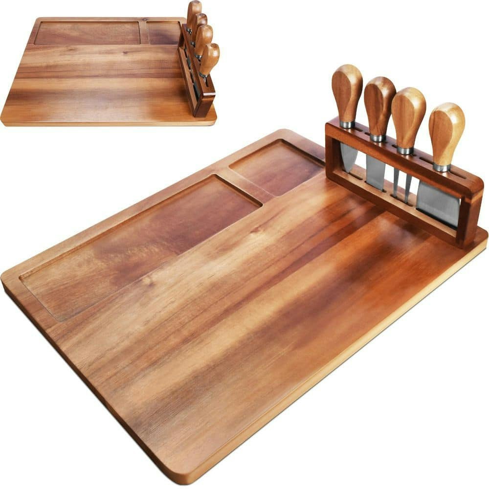 Acacia Wood Charcuterie Board with Magnetic Knife Holder and 4 Stainless Cheese Knives: $84.28