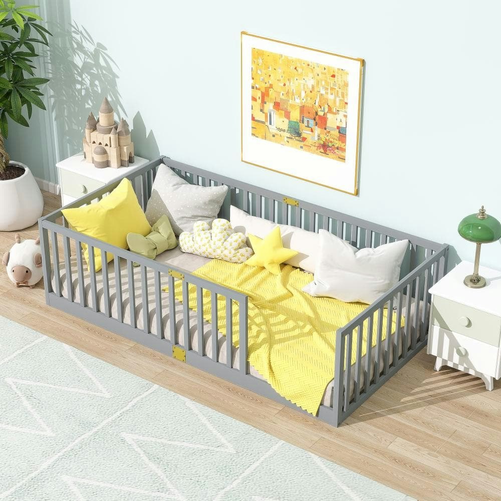 Gray Wood Twin Floor Bed with Guardrails: $206.99