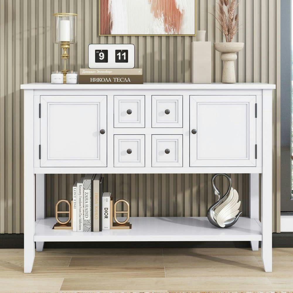 46-Inch White Rectangular MDF Storage Console Table: $369 46-Inch White Rectangular MDF Storage Console Table: $369