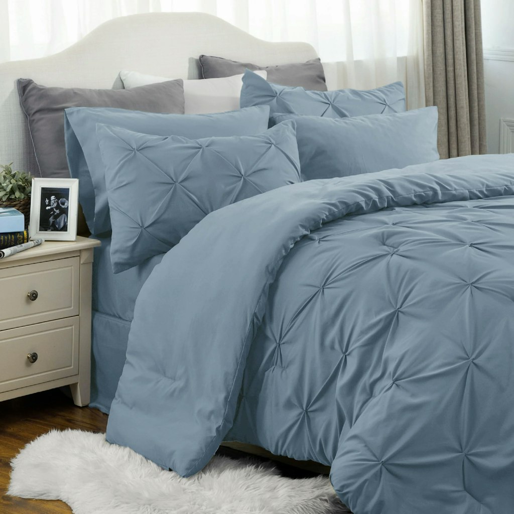 Bedsure Pintuck Pinch Pleat 7-Piece Queen Comforter Bed-in-a-Bag: $57