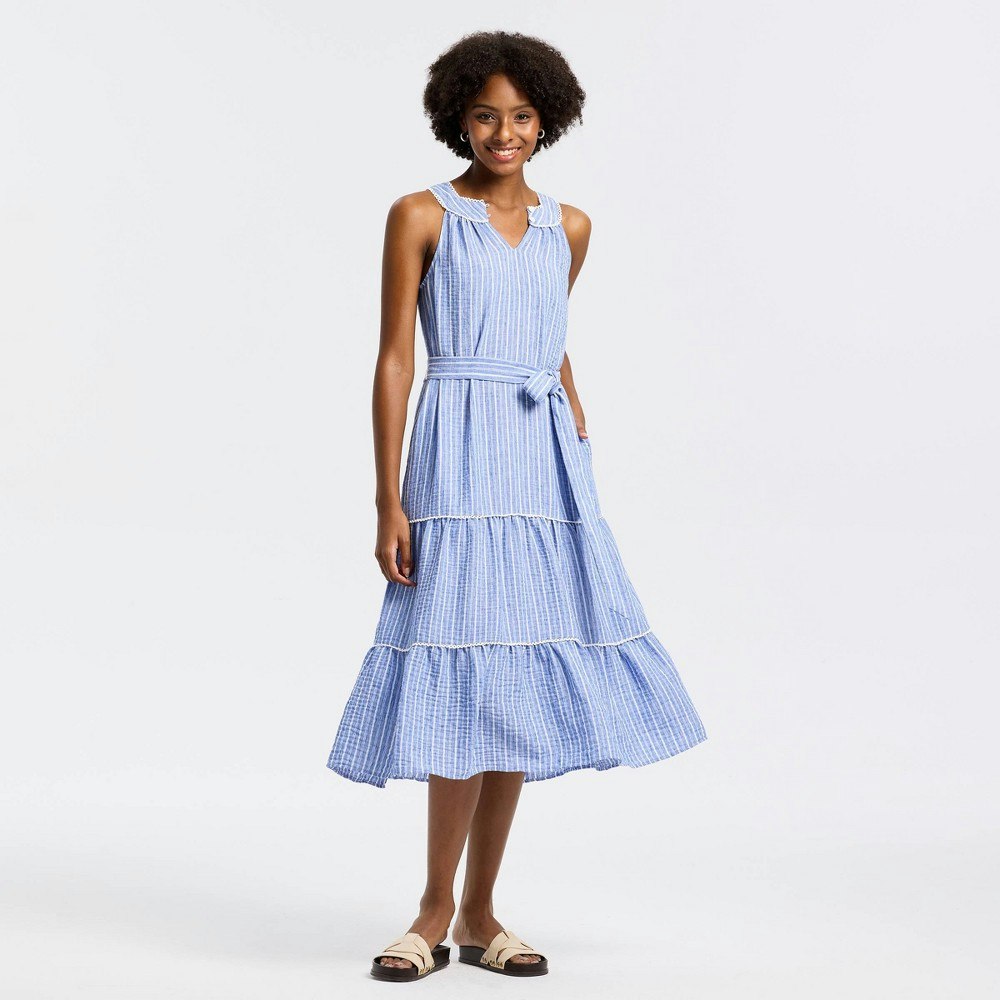 Universal Thread Women's Contrast Lace Trim Belted Tiered A-Line Midi Dress: $42