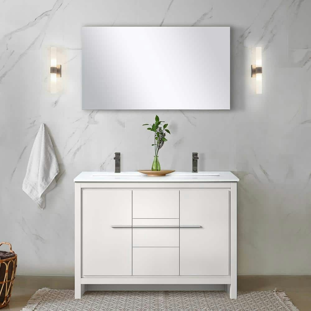 Clairo 48-inch White Double Bath Vanity with Marble Top, Mirror, and Faucet Set: $2,638 Clairo 48-inch White Double Bath Vanity with Marble Top, Mirror, and Faucet Set: $2,638