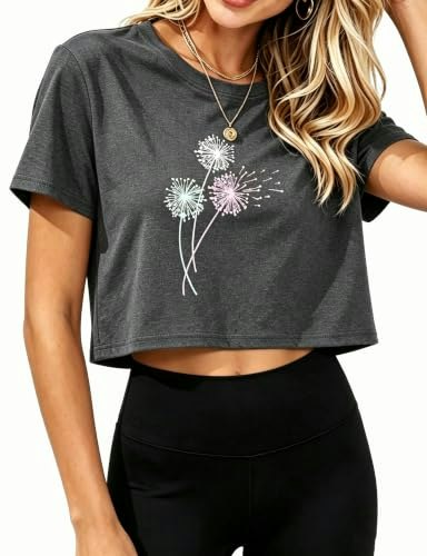Women's Dandelion Print Short Sleeve Crop Top: $12.74 Women's Dandelion Print Short Sleeve Crop Top: $12.74