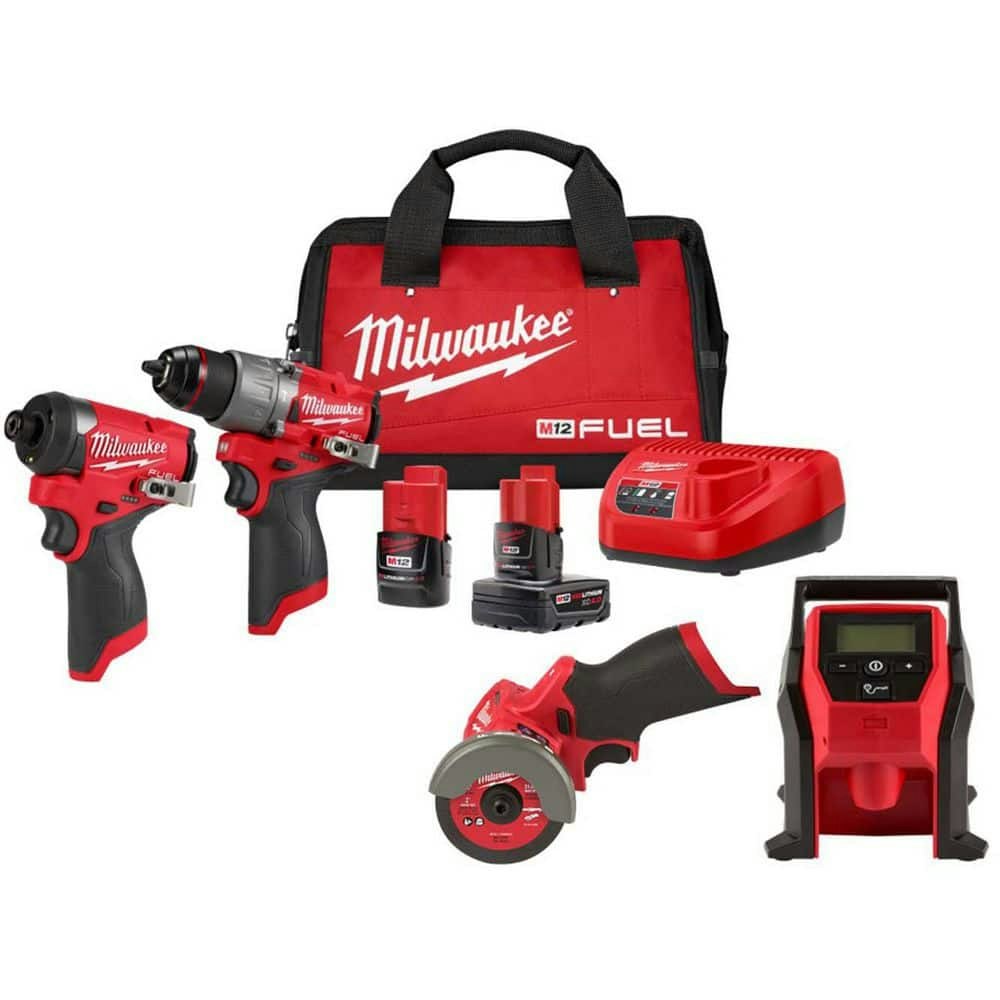 Milwaukee M12 FUEL 12V Brushless Hammer Drill, Impact Driver, Cut-Off Saw, and Inflator Combo Kit: $499 Milwaukee M12 FUEL 12V Brushless Hammer Drill, Impact Driver, Cut-Off Saw, and Inflator Combo Kit: $499