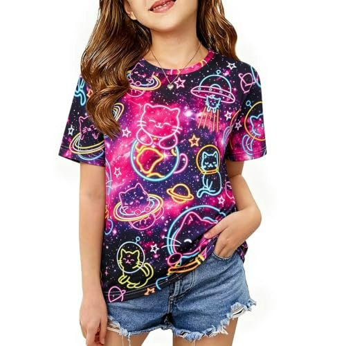 Funnycokid Girls' Neon Graphic Cat T-Shirt: $9.99 Funnycokid Girls' Neon Graphic Cat T-Shirt: $9.99