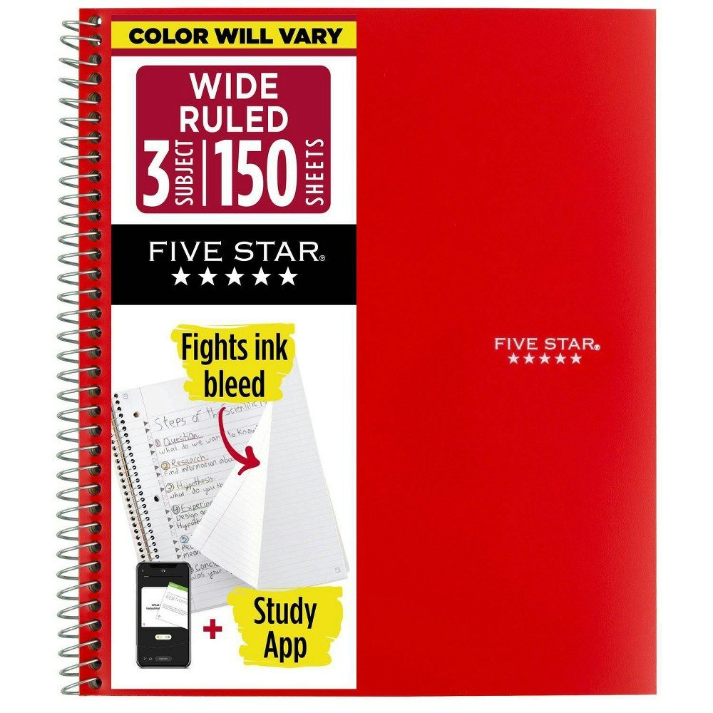 Five Star 3-Subject 150-Page Wide Ruled Spiral Notebook: $4.79 Five Star 3-Subject 150-Page Wide Ruled Spiral Notebook: $4.79