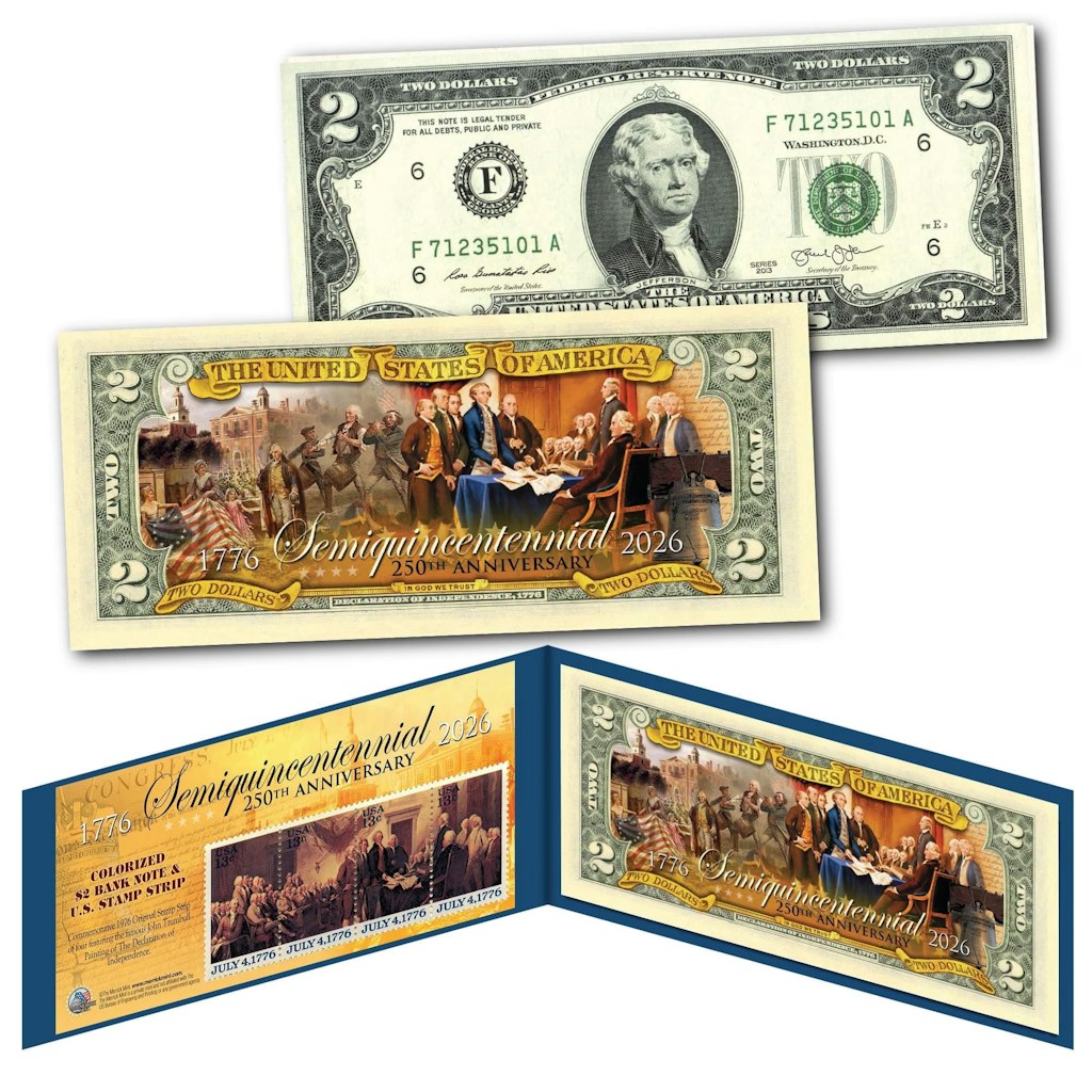Merrick Mint Semiquincentennial 250th Anniversary of the US $2 Bill w/ 1976 Four Stamp Strip Panel: $17