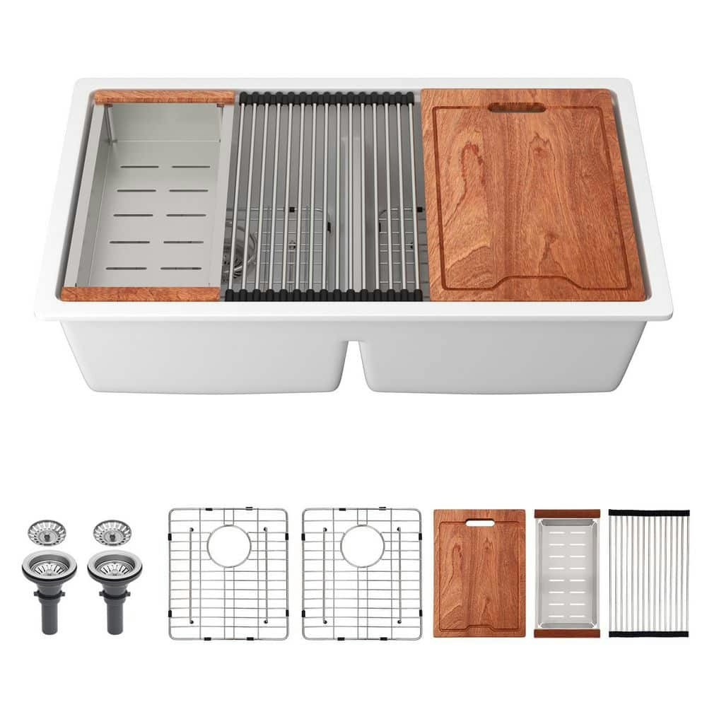 33-Inch Single Bowl White Quartz Drop-In Undermount Kitchen Sink: $320.95