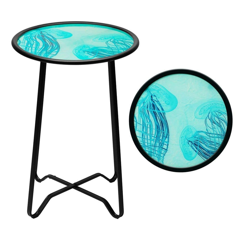 14-inch Round Glass Jellyfish Pattern Outdoor Side Table: $55.99