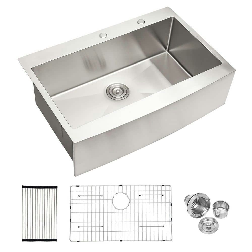 33-Inch Farmhouse Single-Bowl Stainless Steel Kitchen Sink with Grid: $377.99