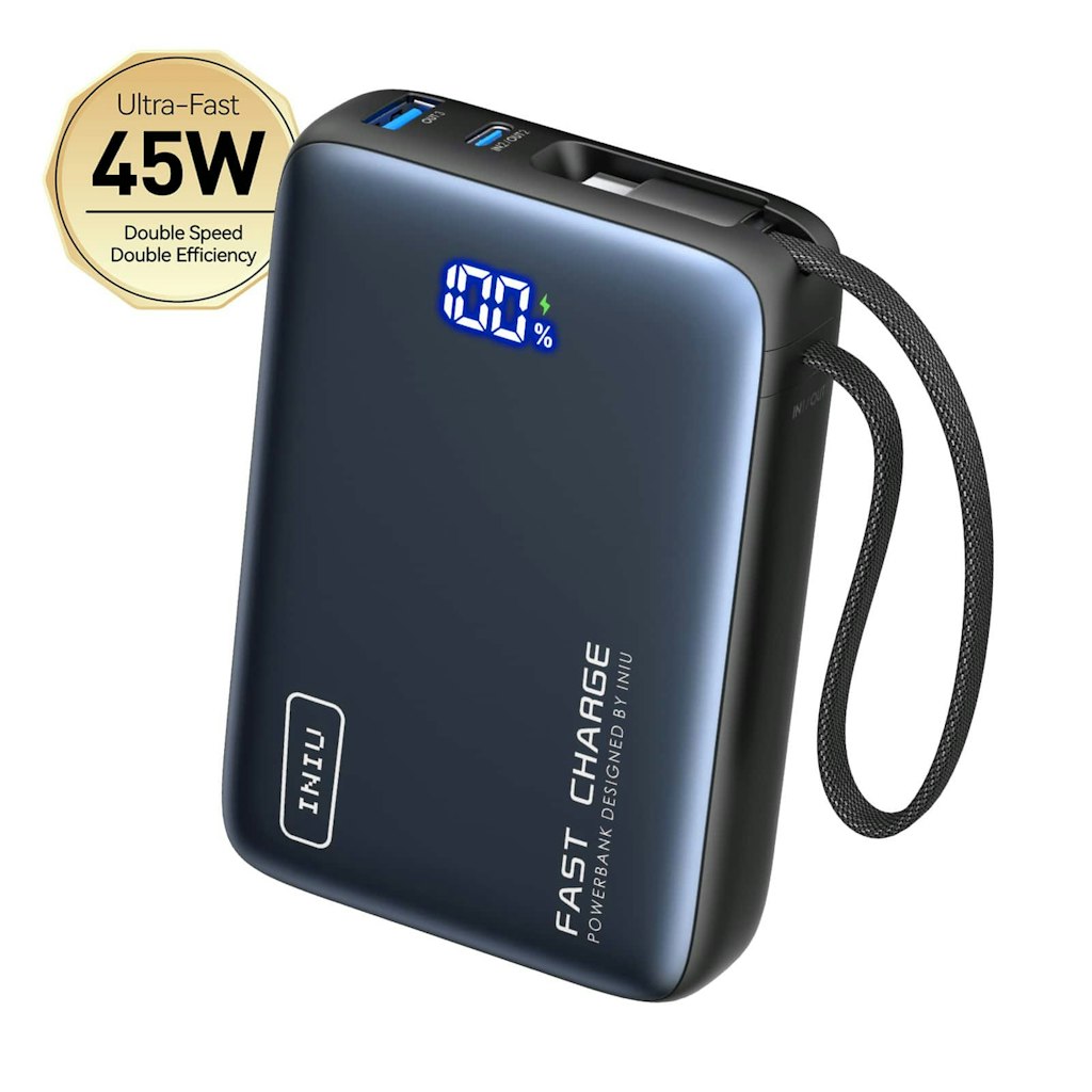 INIU 20,000mAh Portable Power Bank with Built-in Cable: $31.35