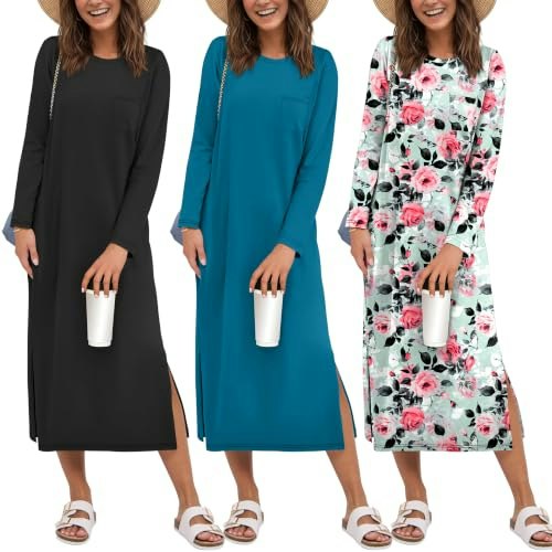 Ekouaer Women's Long Sleeve Nightgown 3-Pack: $32.98 Ekouaer Women's Long Sleeve Nightgown 3-Pack: $32.98