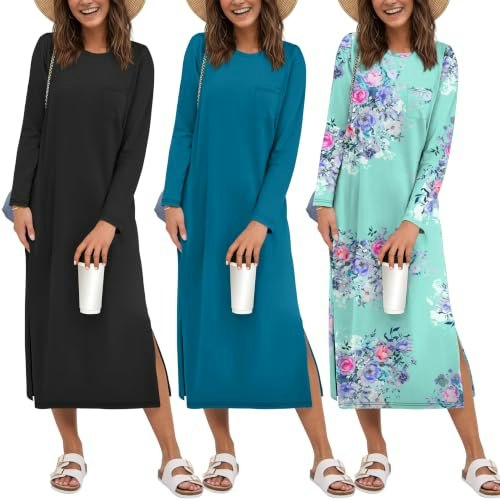 Ekouaer Women's Long Sleeve Nightgown 3-Pack: $32.98 Ekouaer Women's Long Sleeve Nightgown 3-Pack: $32.98