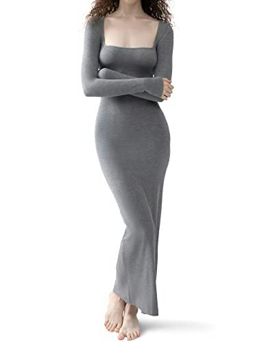 Pumiey Women's Square Neck Long Sleeve Bodycon Maxi Dress: $31.44