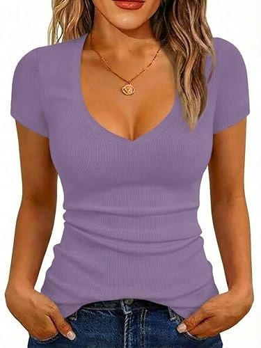 Albe Rita Women's Ribbed V-Neck Short Sleeve Knit Shirt: $12.74