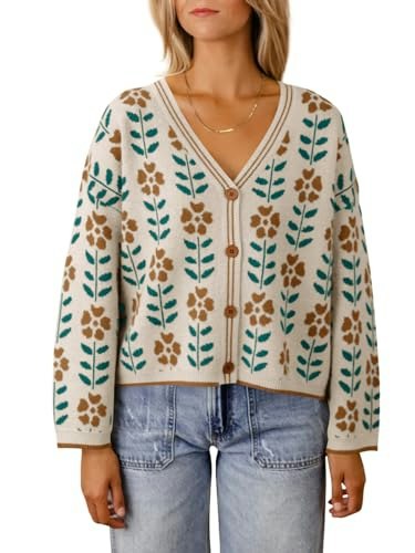Saodimallsu Women's Floral V-Neck Button-Down Knit Cardigan: $28.03
