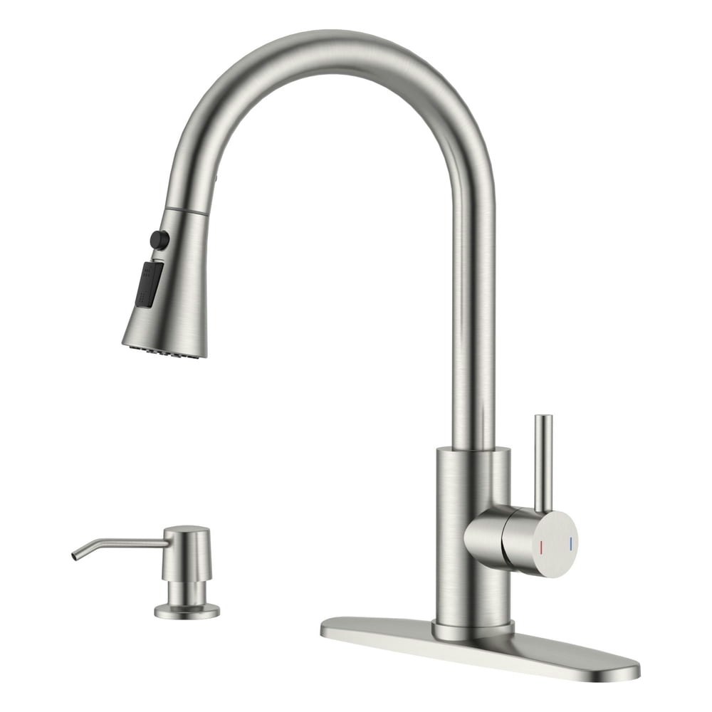 Dayone Pull-Down Brushed Nickel Kitchen Faucet with Sprayer and Soap Dispenser: $40.49 Dayone Pull-Down Brushed Nickel Kitchen Faucet with Sprayer and Soap Dispenser: $40.49