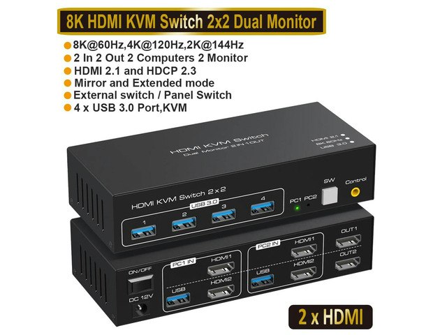 ZY-ASW221 2x2 8K 4K 120Hz Dual Monitor USB KVM Switch: $199.68 ZY-ASW221 2x2 8K 4K 120Hz Dual Monitor USB KVM Switch: $199.68