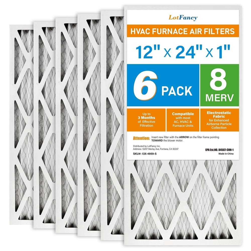 LotFancy 12x24x1 MERV 8 Pleated AC Furnace Filters 6-Pack: $38.99