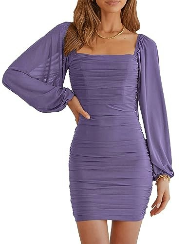 Mascomoda Women's Square Neck Lantern Sleeve Ruched Bodycon Mini Dress: $13.59 Mascomoda Women's Square Neck Lantern Sleeve Ruched Bodycon Mini Dress: $13.59