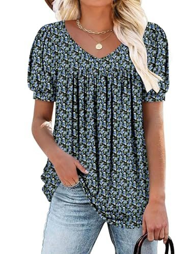 Roselinlin Women's V-Neck Pleated Puff Sleeve Tunic Top: $8.49