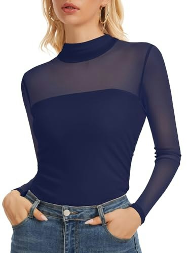 Women's Sheer Mesh Mock Neck Long Sleeve Top: $8.54