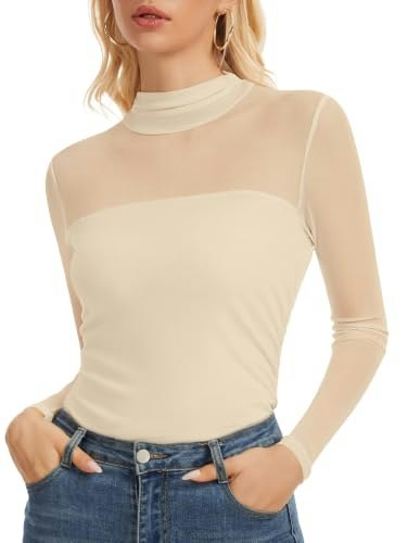 Women's Mock Neck Sheer Mesh Long Sleeve Ruched Top: $11.89 Women's Mock Neck Sheer Mesh Long Sleeve Ruched Top: $11.89