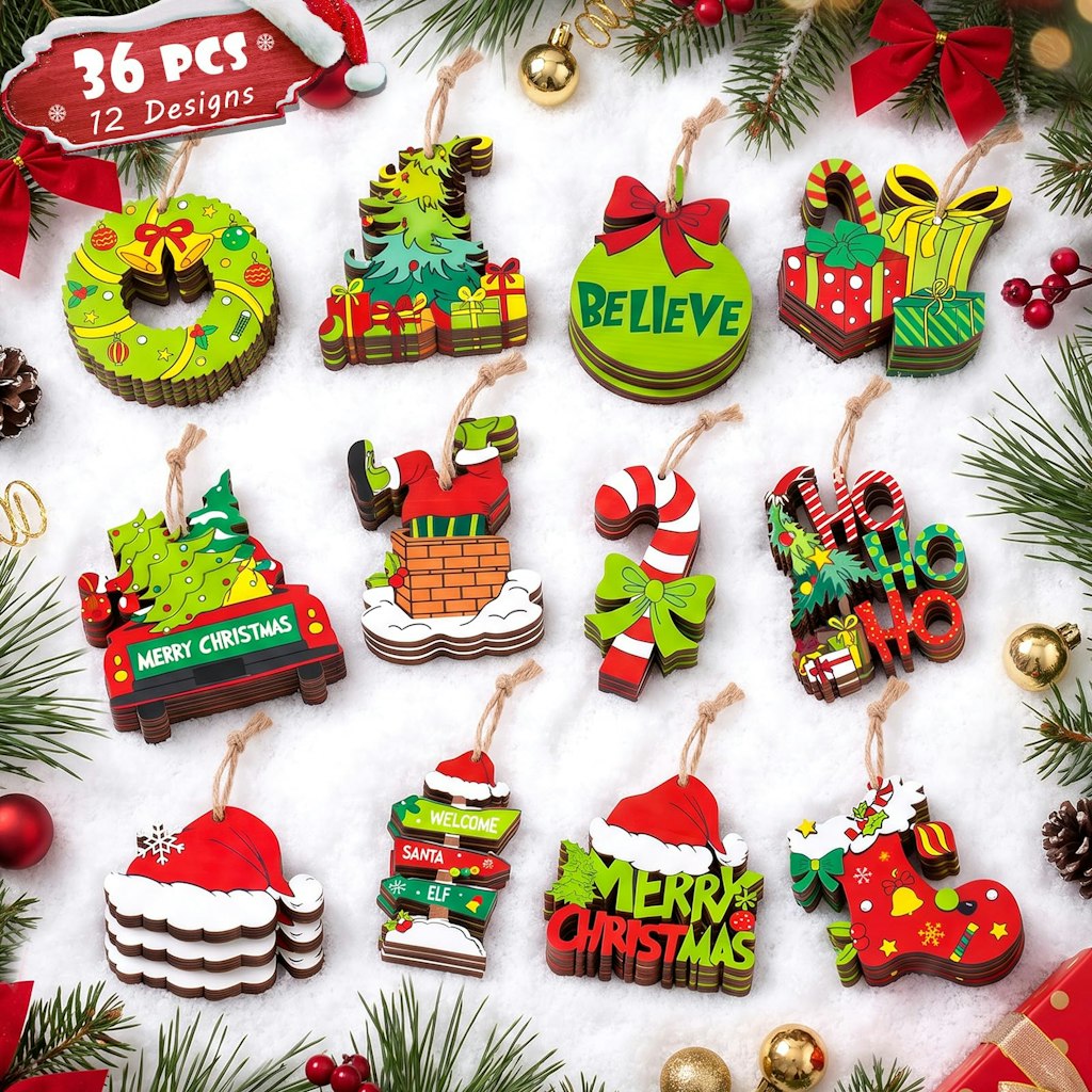 Wooden Hanging Christmas Ornaments 36-Pack: $9.09