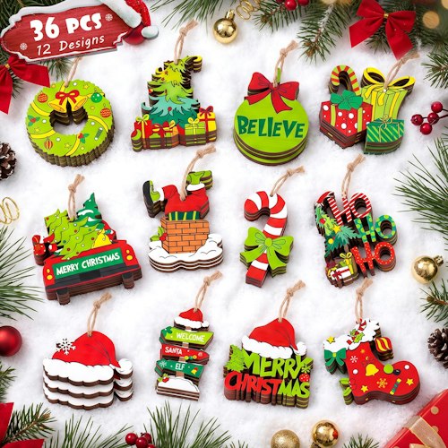 Wooden Hanging Christmas Ornaments 36-Pack for $9 + free shipping w/ Prime
