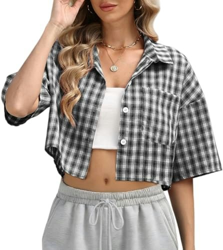 Dookttker Women's Cropped Plaid Button-Down Shirt: $19.99 Dookttker Women's Cropped Plaid Button-Down Shirt: $19.99