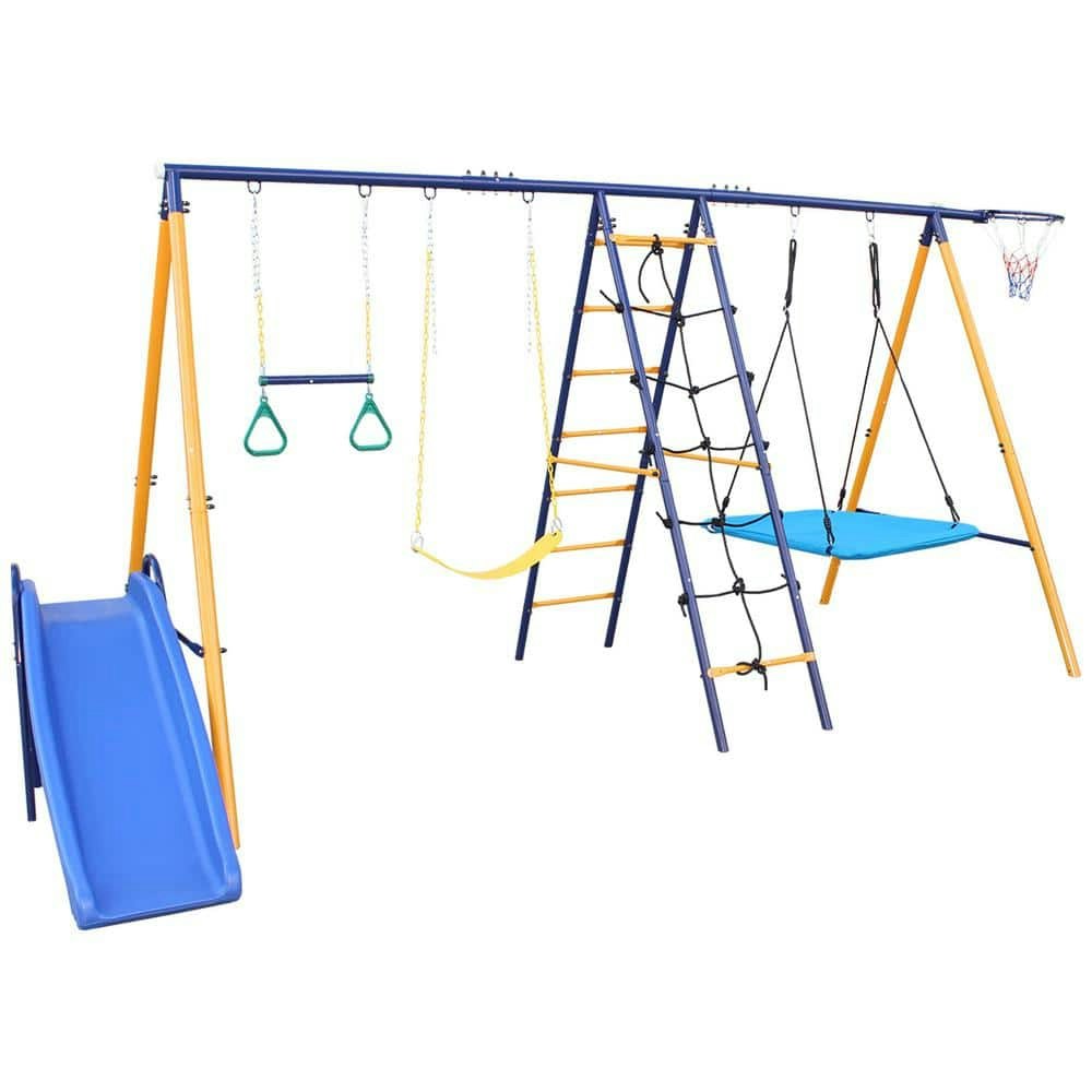 Metal Patio Swing Set with Slide and Climbing Net: $396.52 Metal Patio Swing Set with Slide and Climbing Net: $396.52