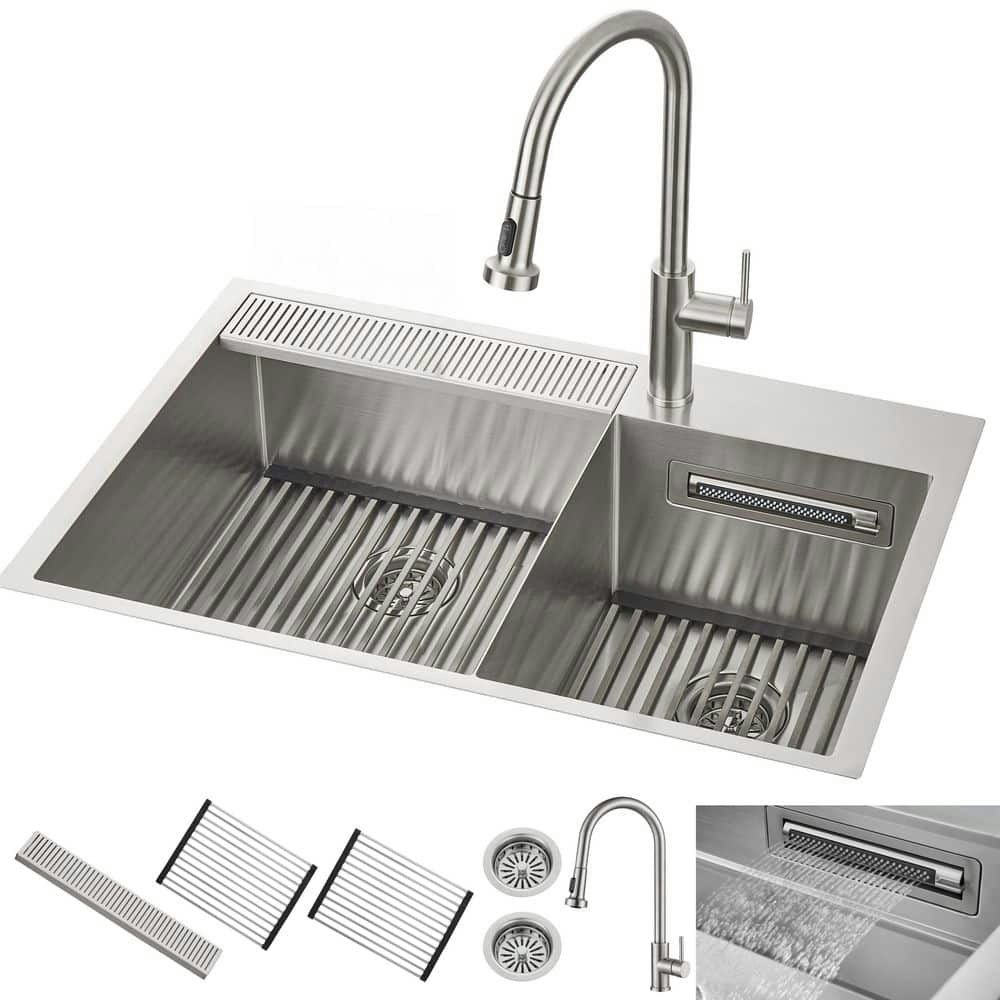 33-Inch Double Bowl Stainless Steel Kitchen Sink with Retractable Waterfall Faucet: $619.99 33-Inch Double Bowl Stainless Steel Kitchen Sink with Retractable Waterfall Faucet: $619.99