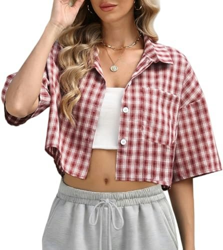 Dookttker Women's Cropped Plaid Button-Down Shirt: $19.99 Dookttker Women's Cropped Plaid Button-Down Shirt: $19.99