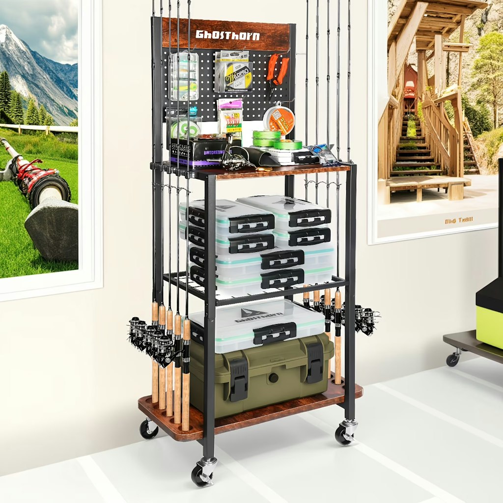 Fishing Rod Holder w/ Back Panel Storage Cabinet: $60