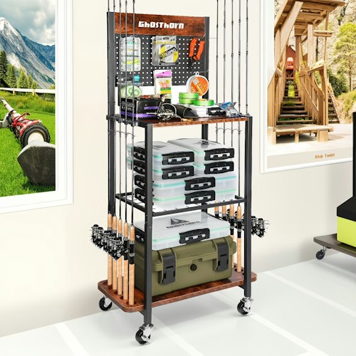 Fishing Rod Holder w/ Back Panel Storage Cabinet for $60 + free shipping