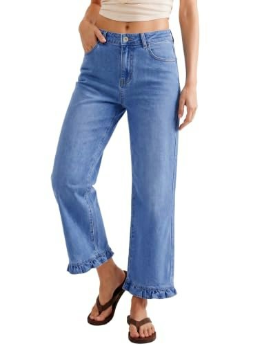 Sidefeel Women's Ruffle Straight Leg Denim Jeans: $29.69 Sidefeel Women's Ruffle Straight Leg Denim Jeans: $29.69