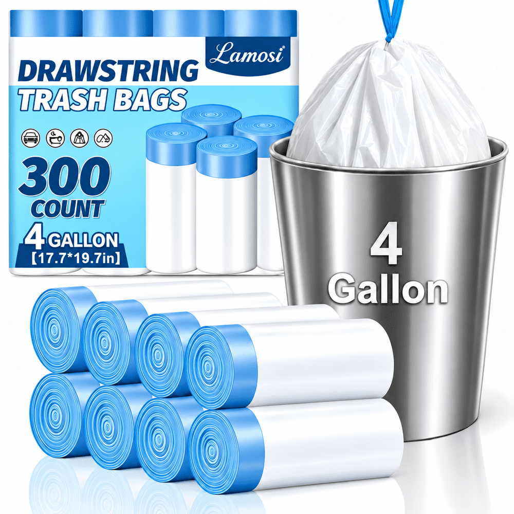 Lamosi 4-Gallon Drawstring Trash Bags 300-Count: $18.99 Lamosi 4-Gallon Drawstring Trash Bags 300-Count: $18.99